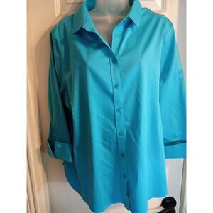 Chicos Button Up Shirt Teal Sz 3 Classic Office Business Casual